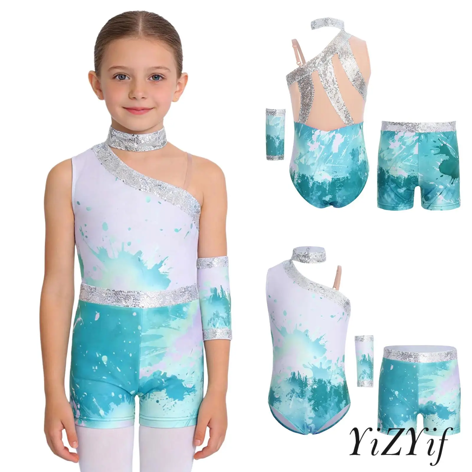 

Kids Girls 3 Pcs Gymnastics Yoga Costume Print Shiny Sequin Decor Bodysuit with Shorts and Fingerless Glove Set Ballet Dancewear