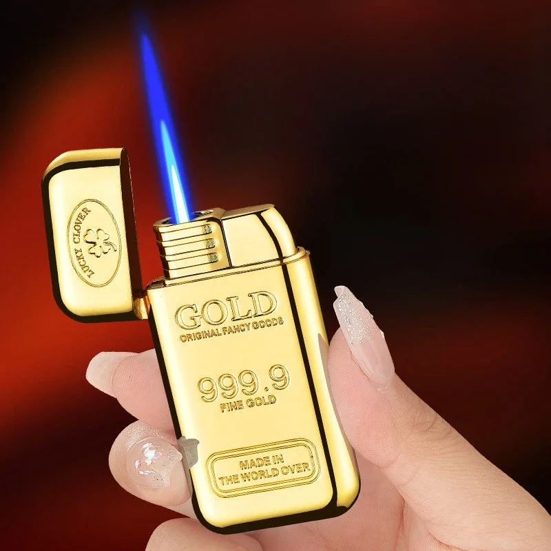 Metal Creative Gold Brick Windproof Jet Blue Flame Torch Gas Lighter Small and Rich Portable Cigar Lighters Smoking Wholesale