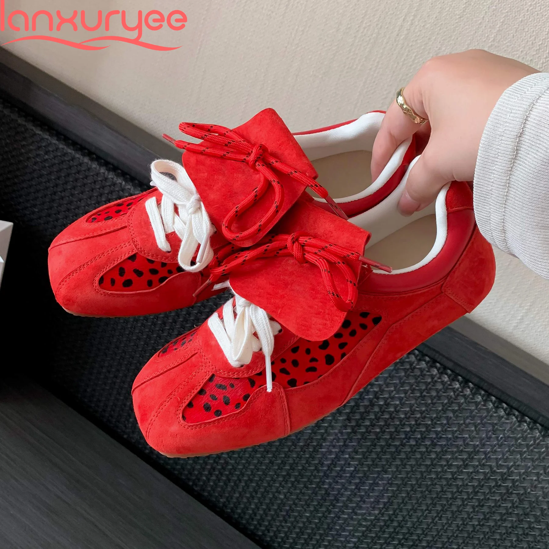 

Lanxuryee Cow Suede Horsehair Leopard Spring Autumn Shoes Lace Up Sneakers Butterfly-knot Elegant Casual Women Vulcanized Shoes