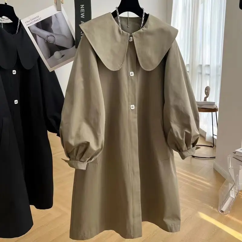 

Girl's Spring Autumn Korean Style Solid Color Loose Fit Trench Coat with Lantern Sleeves Mid Length Drapey Fashion Coat