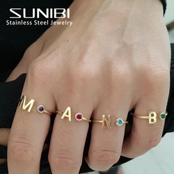 SUNIBI Birthstone Initial Custom Ring for Women Open End Ring Stainless Steel Name Custom Design Jewelry Women's Jewelry Gifts