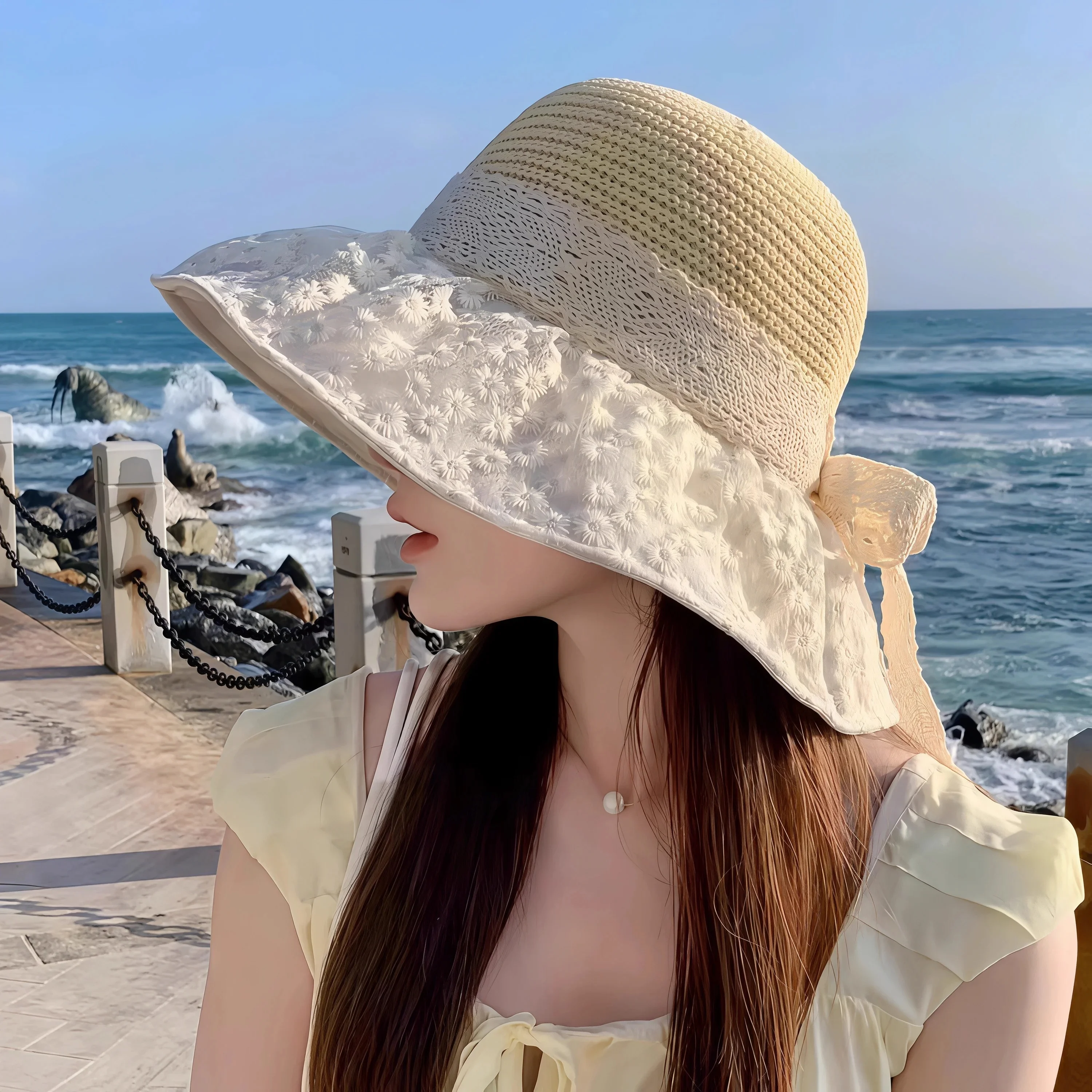 lace-fisherman-hat-women-summer-large-brim-sun-protection-hat-korean-style-uv-protection-beach-vacation-sun-hat-knot