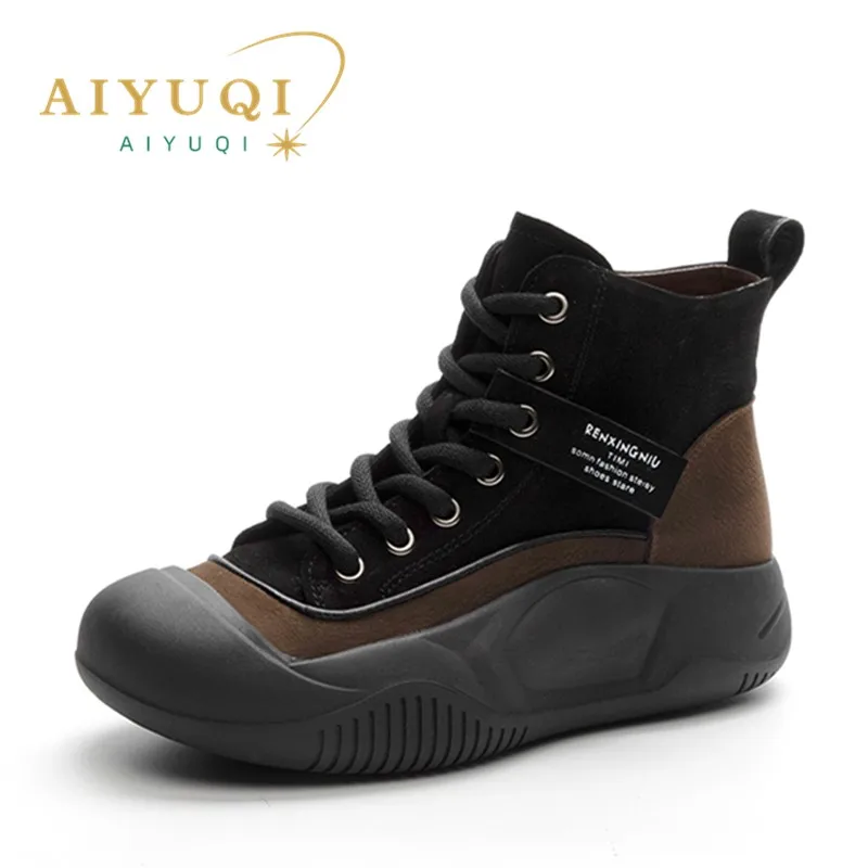 AIYUQI Women's Winter Boots 2024 New Genuine Leather Women's Sneakers Boots Fur Lace-Up Lamb Wool Snow Boots Women