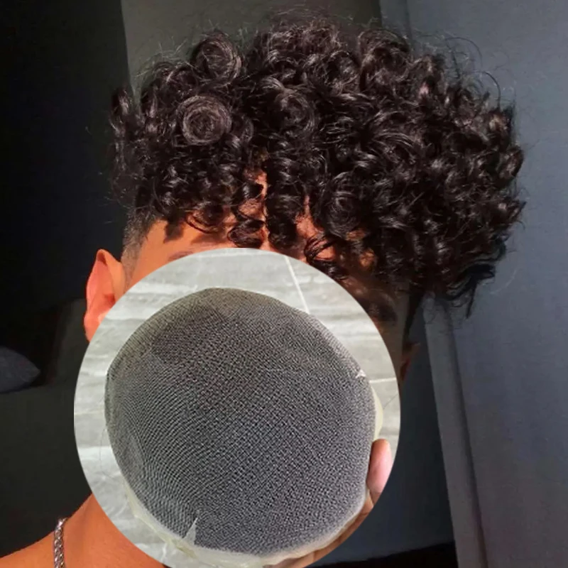 15mm Afro Curly Full Swiss Lace Human Hair Men Toupee Natural Hairline Thin Lace Bleached Knots Black Color Man Wigs Prosthetics