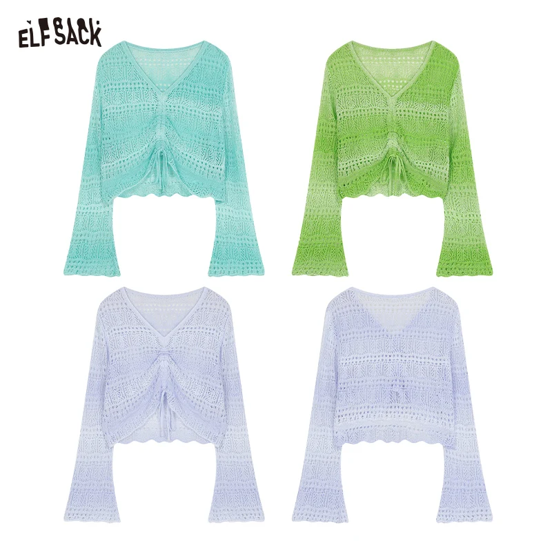 ELFSACK 2024 Summer New Arrivals V-neck gradient hollowed out knitted sweater with drawstring design for women, covered sweater,