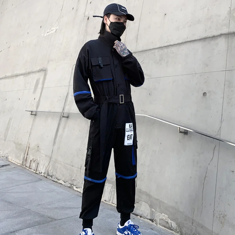 Techwear Multi-Pocket Zipper Contrast Color Loose Cargo Pants Men's Youth Fashion Fried Street Performance Suit Jumpsuit