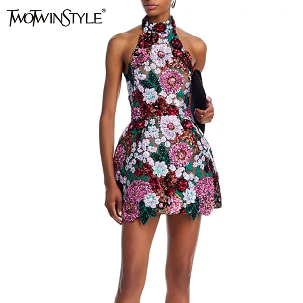 TWOTWINSTYLE Colorblock Spliced Beading Elegant Dresses for Women Halter Sleeveless Tunic Patchwork Sequins Dress Female Fashion