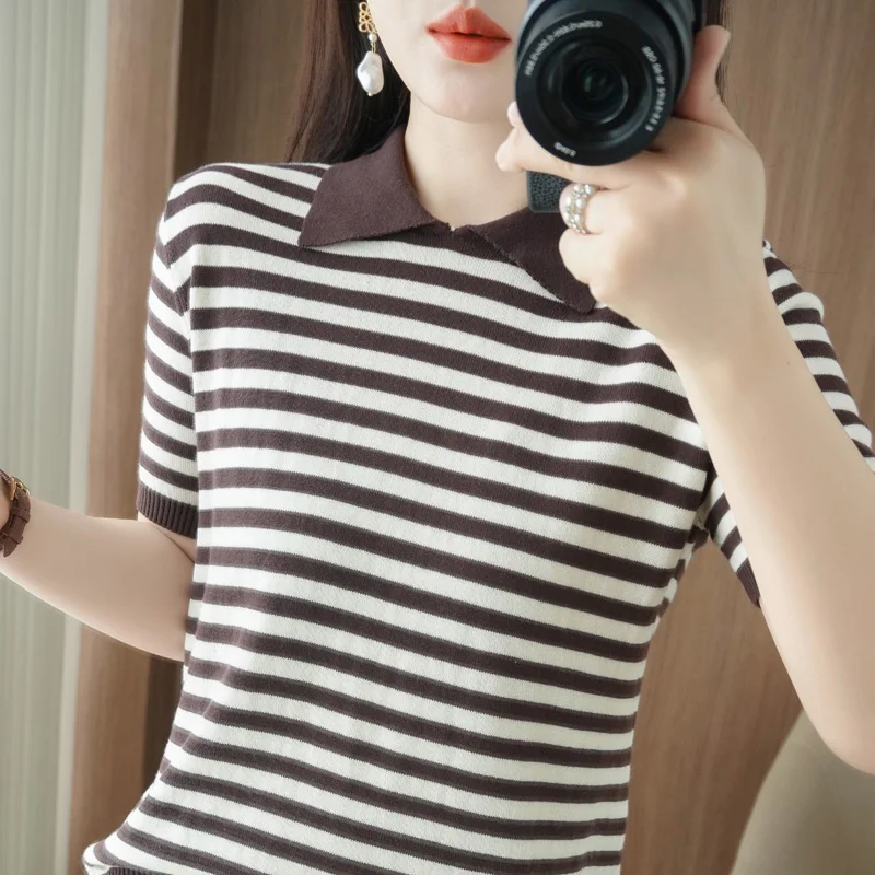 Summer 100% Cotton T-shirt Women's Knitted Short Sleeve Casual Stripe POLO Coll… - Image 6
