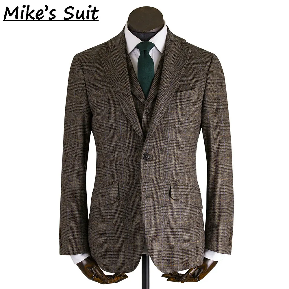 Men Brown Prince of Wales Check Tweed 3 Piece Suit Vintage Glen Plaid Wool Blazer Waistcoat Trousers Wedding Suit