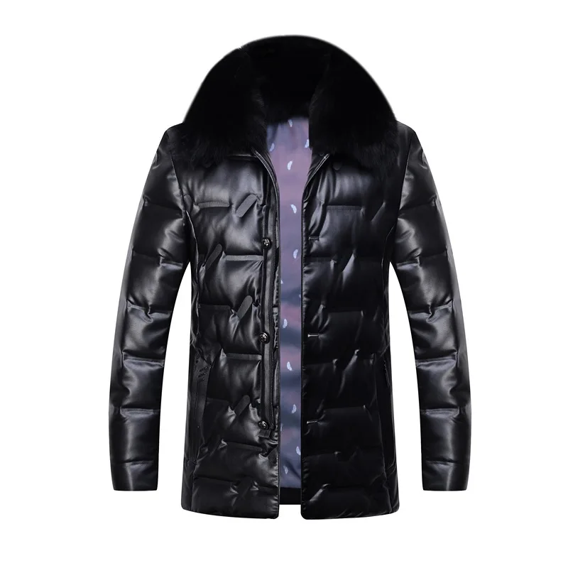 New Winter Men\'s White Duck Down Coat Leather Jacket Men Fashion Lapel Thick Business Casual Warm Male Fur Collar Outerwear