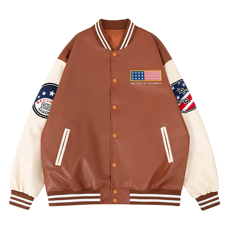 

Men's Patches PU Motorcycle Jacket, Loose Embroidery Biker Outerwear, Stars and Stripes, Varsity Baseball Coats