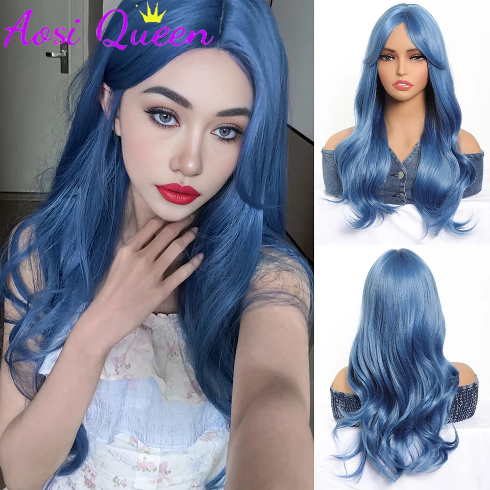 AosiQueen Misty Blue Long Wavy Synthetic Wigs Middle Part Natural Wave Wig Heat Resistant Cosplay Party Daily Hair Wig for Women