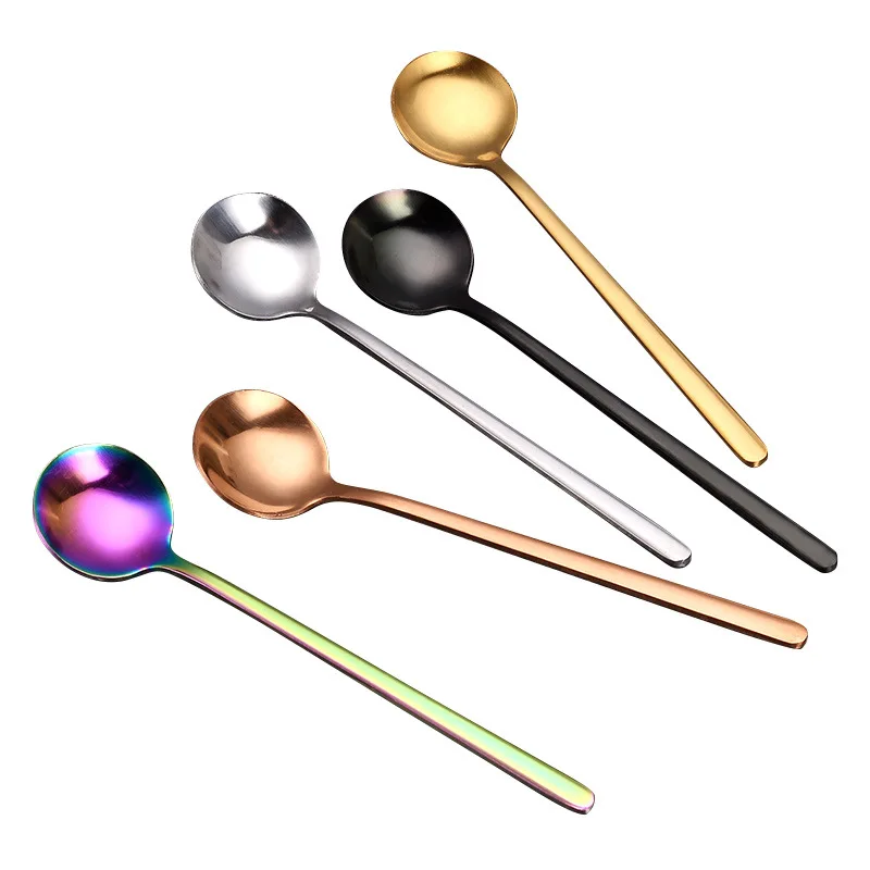 Stainless Steel Creative Stirring Tea Coffee Spoon Titanium Golden Long Handle Mug Honey Dessert Small Round Ice Cream Spoon