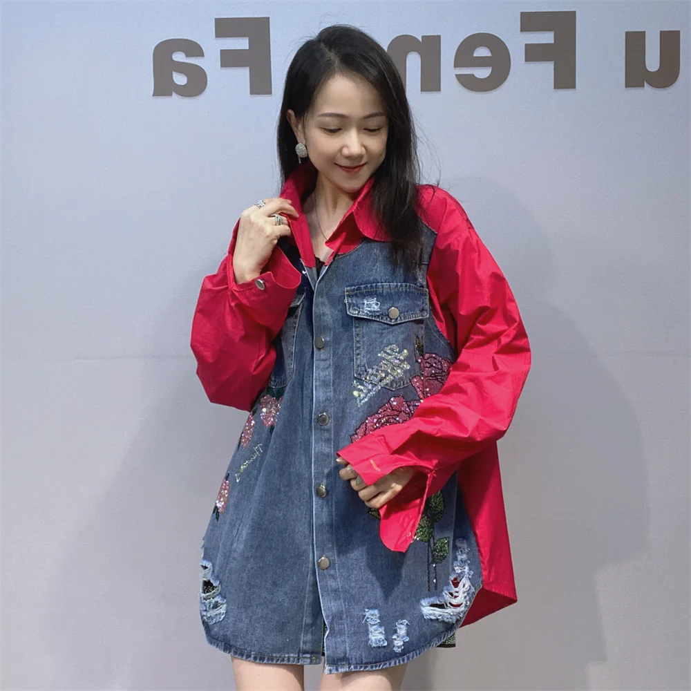 Denim Jacket for Women Autumn Loose Mid-Length Shirt Color-Block Long Sleeve Cardigan Trendy Brand Floral Rhinestone Jacket