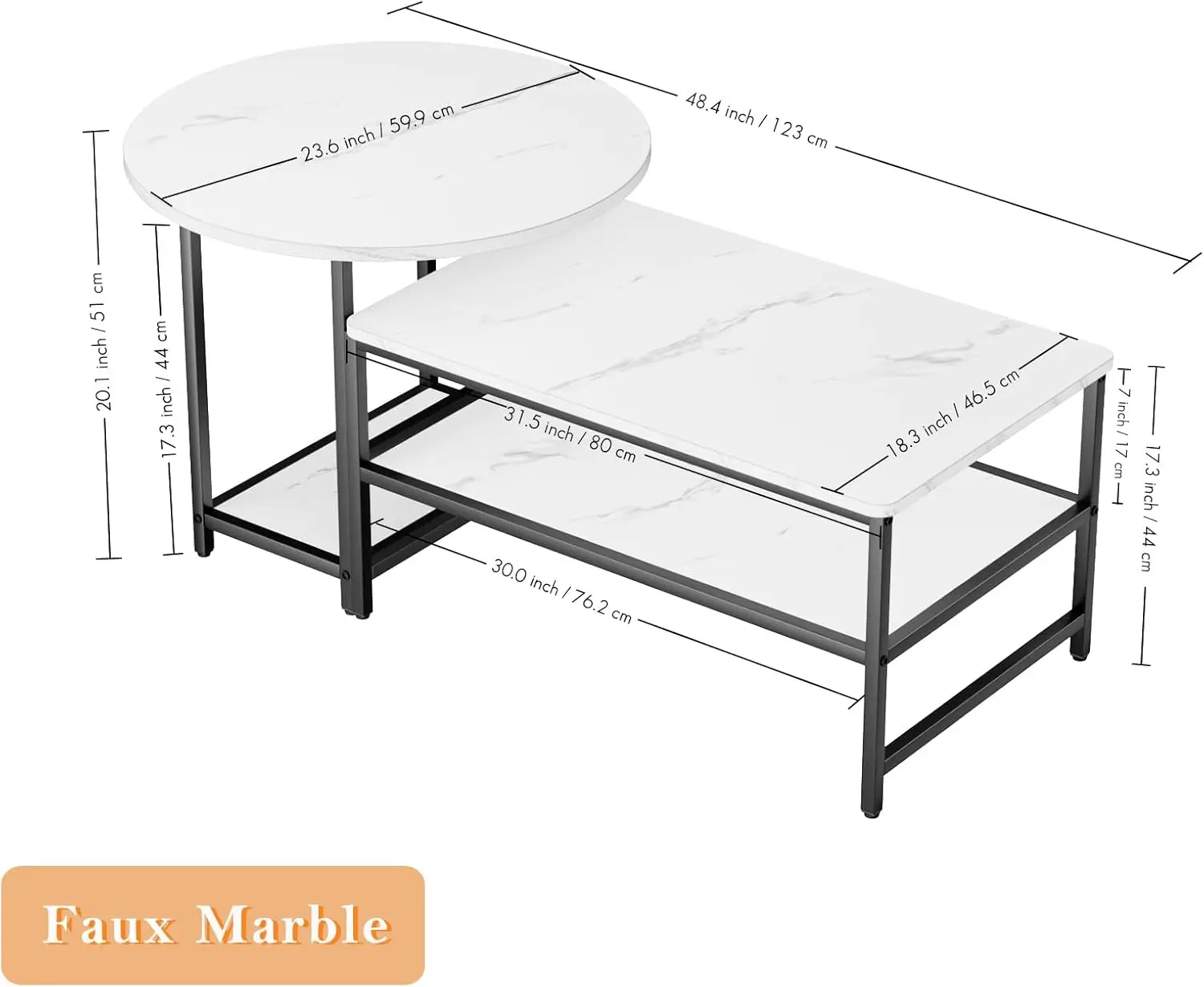 Coffee Table, White Modern Coffee Tables for Living Room, Detachable 2 Small Coffee Tables, Faux White Marble