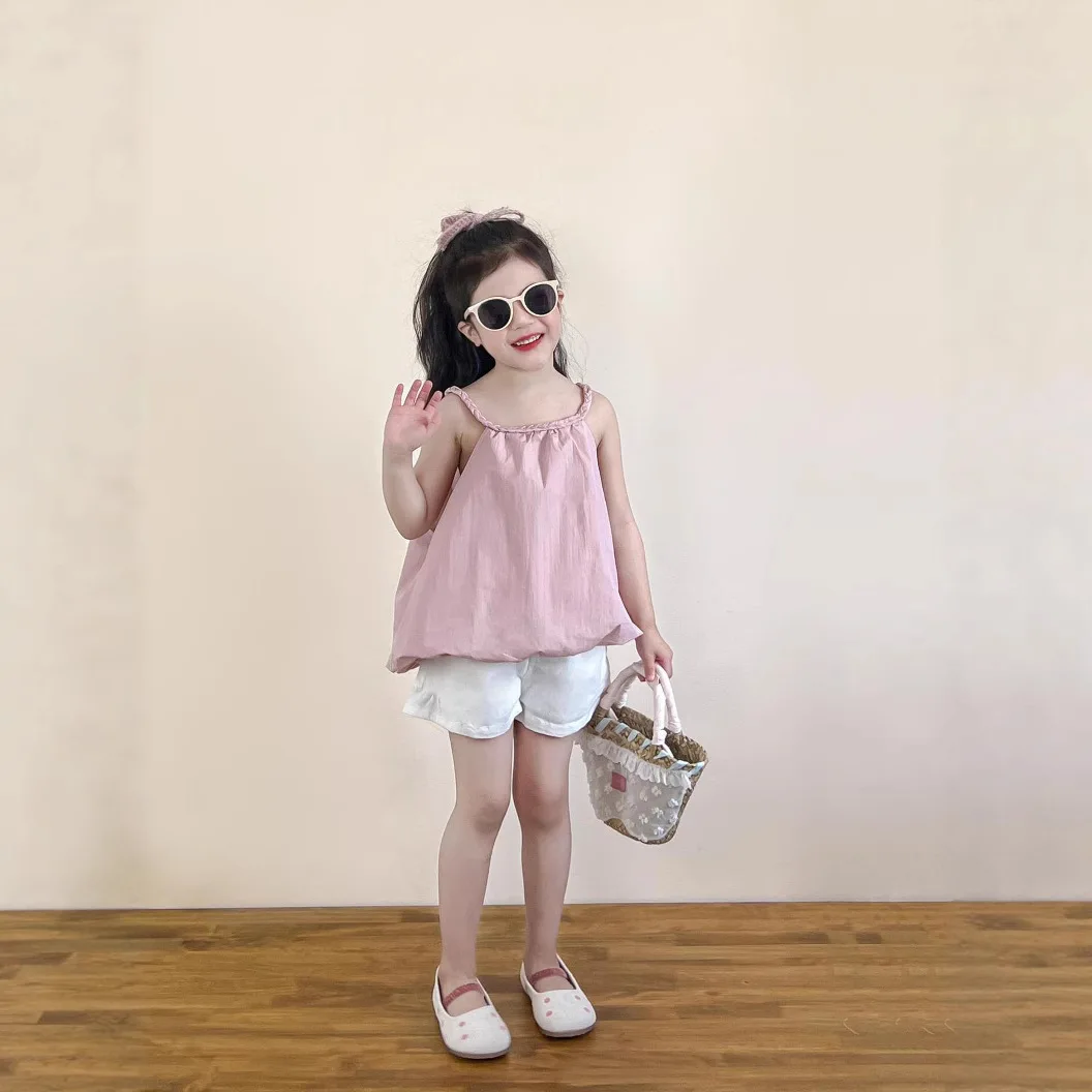 2025 Girls' Summer Temperament Pink Twist Neck Doll Shirt Vest White Lotus Leaf Shorts Shoot Thin Casual
