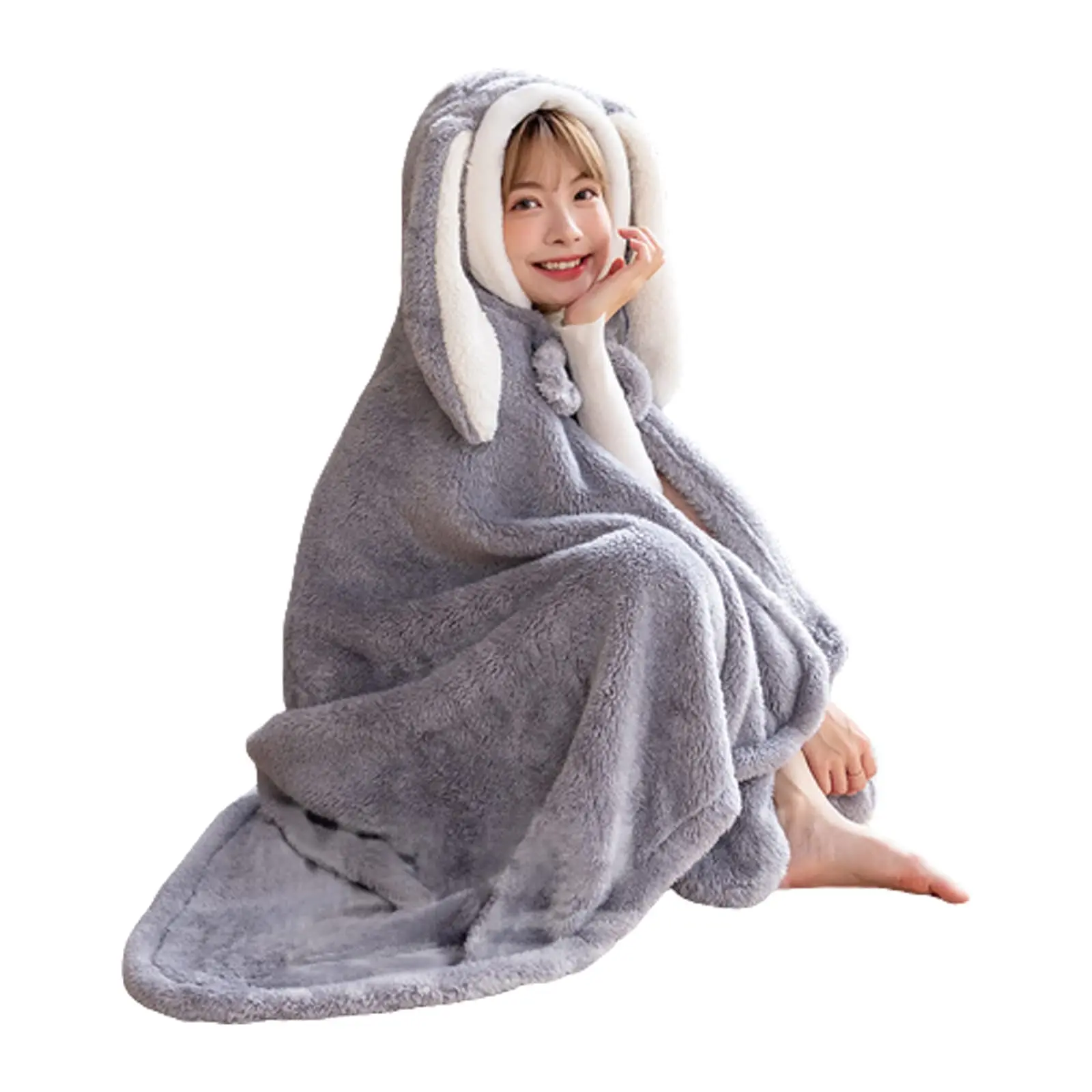 Cute Bunny Ear Hooded Wearable Blanket, Fluffy Sherpa Cape Throw Blanket with Tie, Warm Cartoon Rabbit Hoodie Blanket for Women