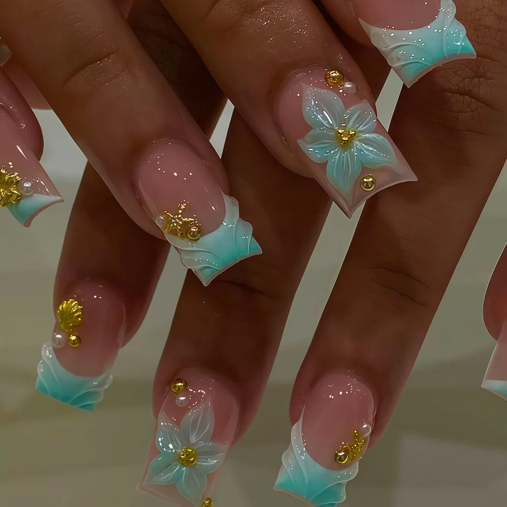 

24Pcs Blue Gradient French Fake Nails Press on 3D Flower Golden Shell Starfish False Nails Short Square Detachable Manicure Tips