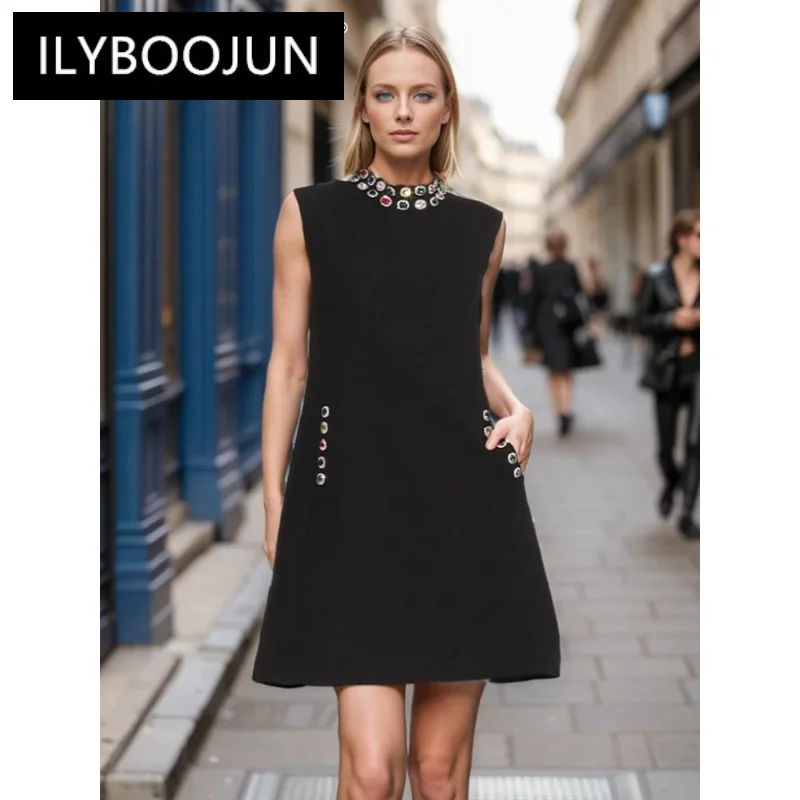 

ILYBOOJUN Solid Spliced Diamonds Elegant Minimalist Dresses For Women O Neck Sleeveless High Waist Temperament Dress Female