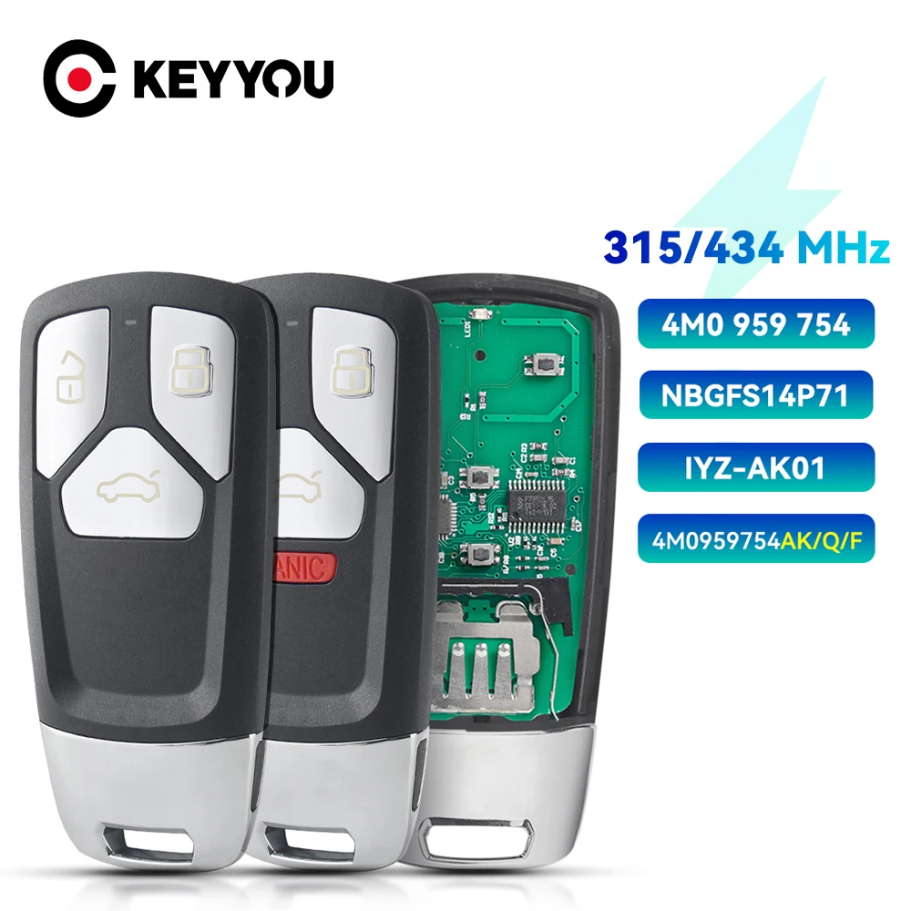 

KEYYOU Новый 4M0 959 754 Замена для Audi TT A4 A5 S5 Q5 Q7 SQ5 3/4 кнопки Необрезанный дистанционный автомобильный брелок 433 МГц 315 МГц Smart Key