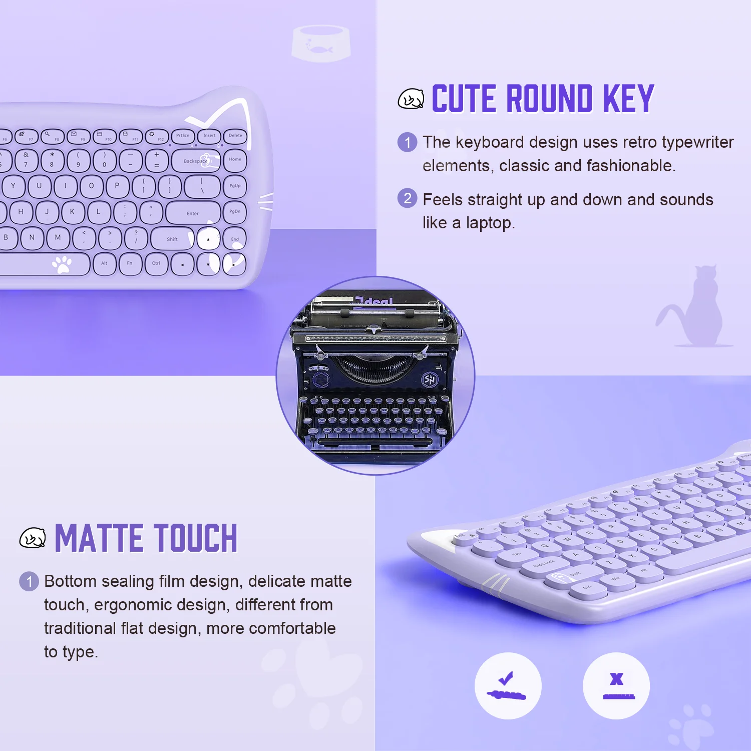 3060i لوحة مفاتيح كمبيوتر لاسلكية لطيفة 80% في المئة لوحة مفاتيح بلوتوث جميلة على شكل قطة ريترو صامتة ونحيفة مع آلة كاتبة مستديرة غير لامعة