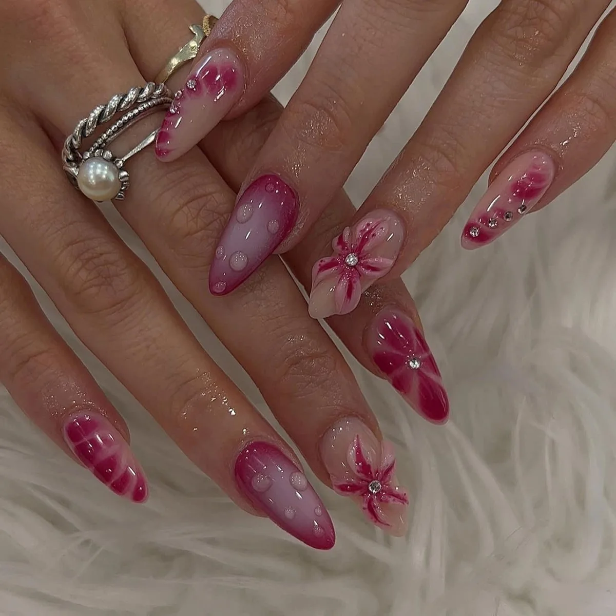 3D Roze Paarse Bloemen Nail Art Luipaardprint Witte Franse Kunstnagels Afneembare Afgewerkte Nepnagels Druk op nagels met lijm