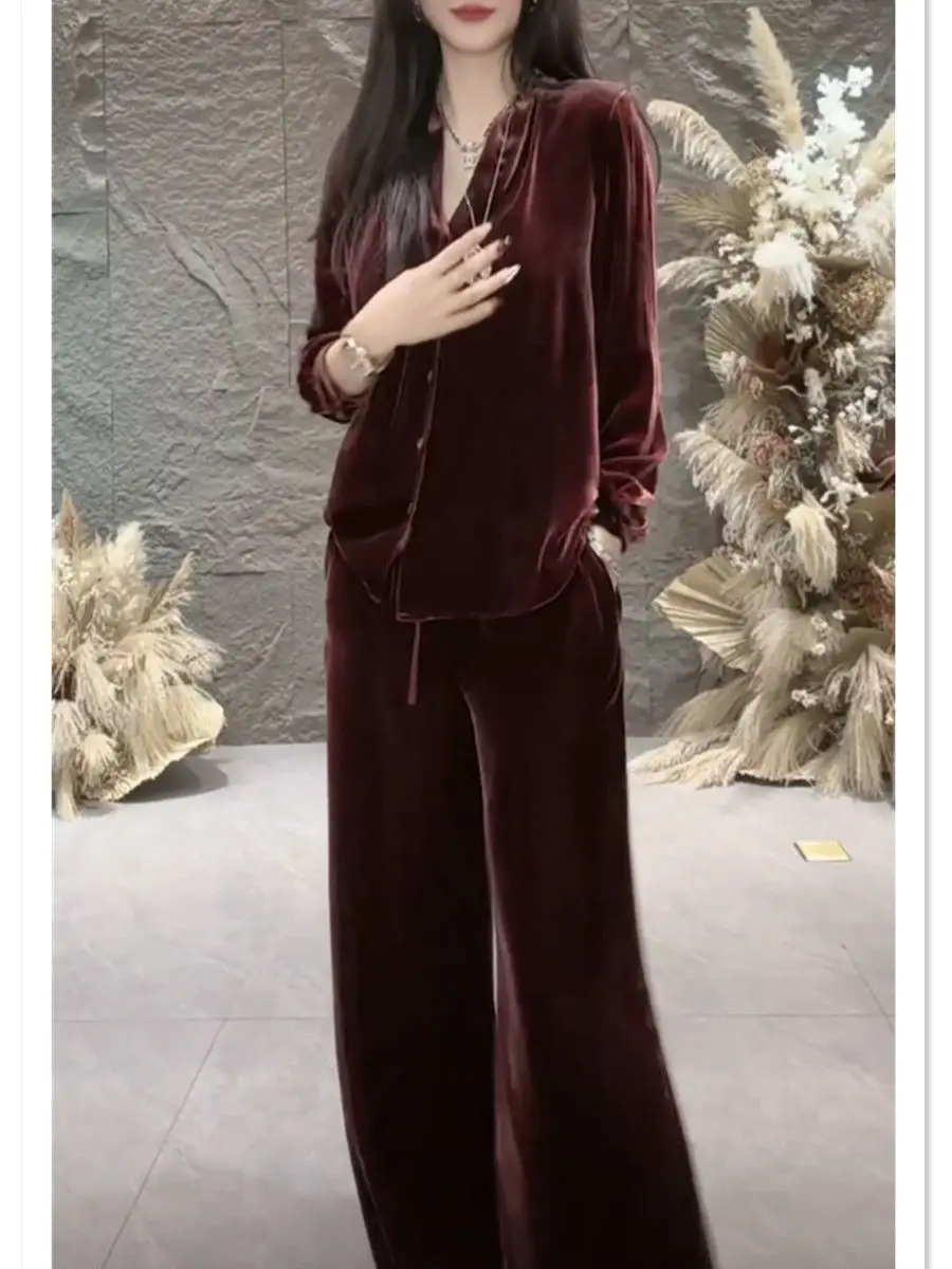 

New High End Coffee Velvet Two Piece Sets Women Fashion Elegant V-neck Long Sleeve Coat Tops + Wide Leg Pants Suit Oversized