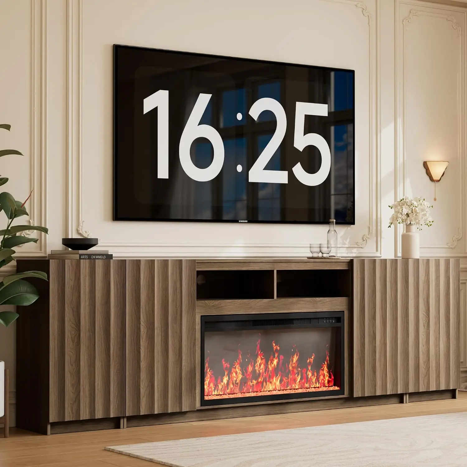 100” Fireplace TV Stand for TVs Up to 100”, Wide Fluted Entertainment Center, Modern Media Console with Storage Cabinet, Custom
