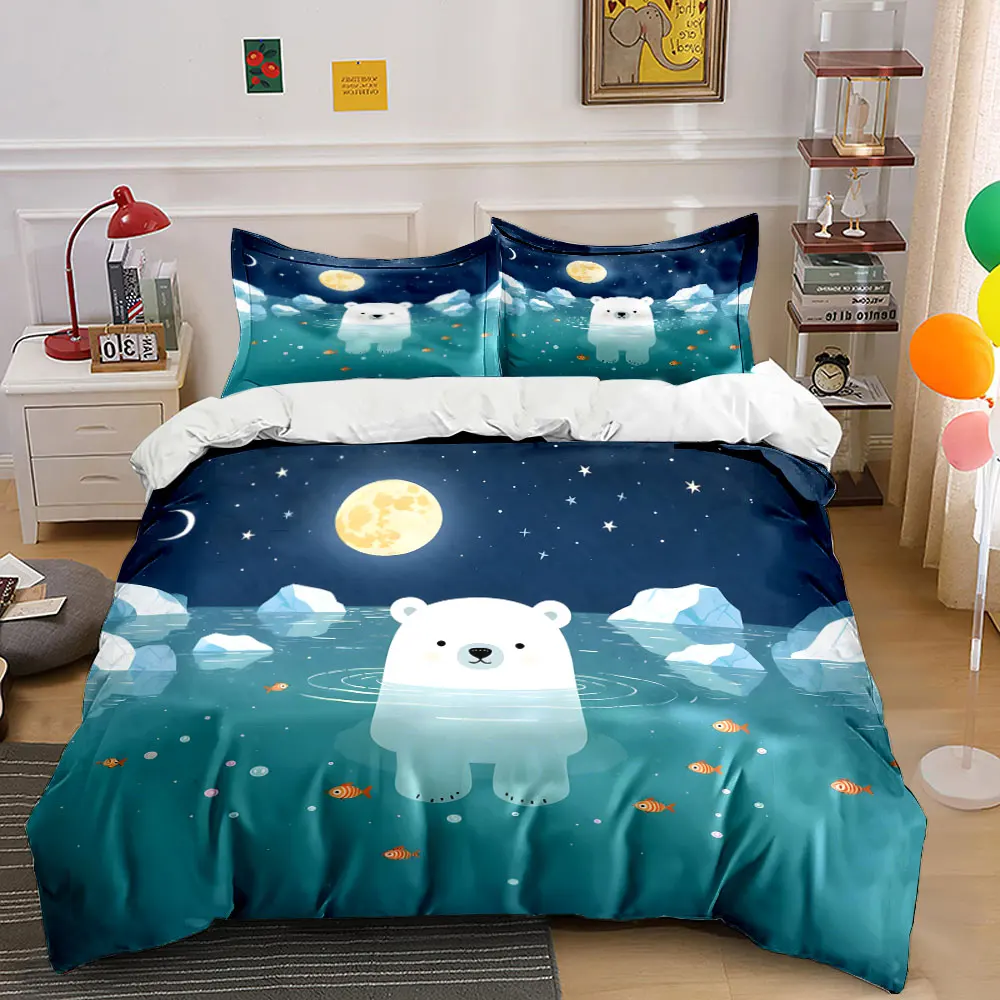 Cute polar bear swimming in the sea Bedding Set for Kids Luxury Gift 3pc Digital Print Comforter Set Soft Comfortable Breathable
