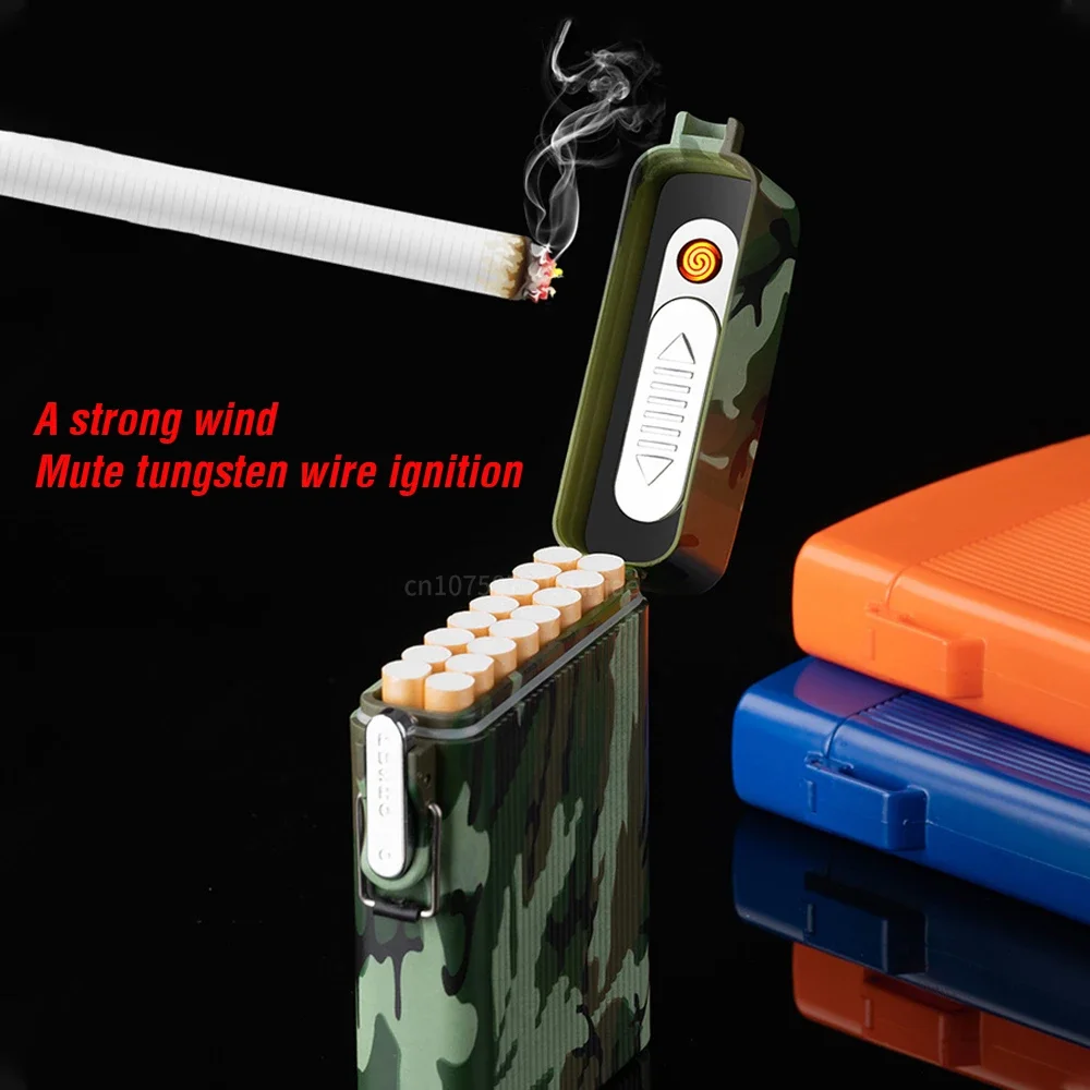 Outdoor Waterproof 16 Cigarette Pack Portable Cigarette Case USB Lighter Windproof Rechargeable Cigarette Lighter Gift for Men