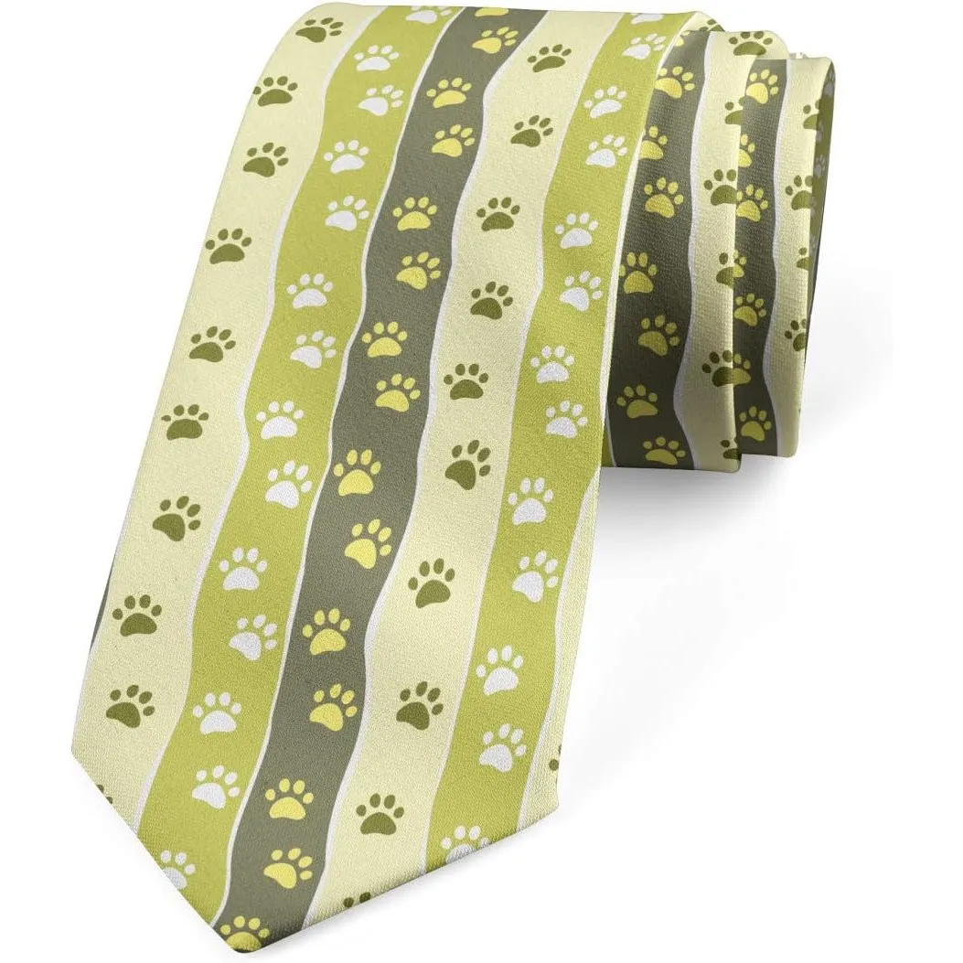 Men's Novelty Necktie Green Striped Dog Paw Print Tie Cute Animal Footprint Pattern Neck Tie for Daily Wear Party