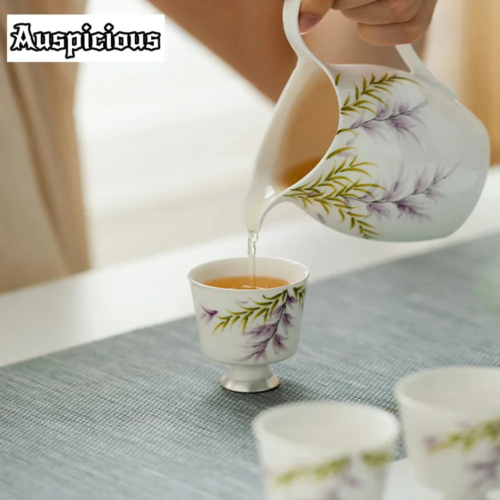 2pc/lot Pure Hand-painted Wisteria Flower Teacup Aesthetic Tracing Silver Cup Personal Cup Master Cup Teaware Drinkware 35ml