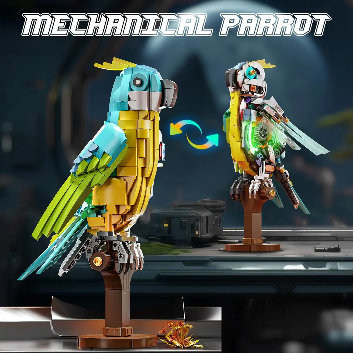 Parrot Building Set with Led-Mechanical Birds BlockToy Collectible Animal Display Model Home Office Decor for Adults Kids10+