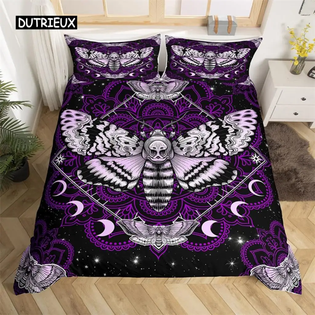 Butterfly And Death Moth Duvet Cover Queen Gothic Skull Flower Star Sky Moon Bedding Set Polyester Boho Exotic Black Quilt Cover