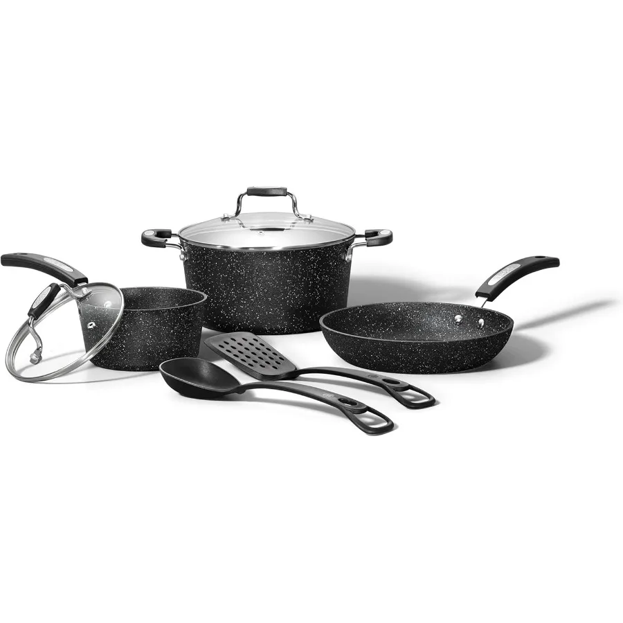 

The Rock 7PC Non-Stick Cookware Set - Durable Forged Aluminum - Oven Safe - PFOA Free - Easy to Clean - Black