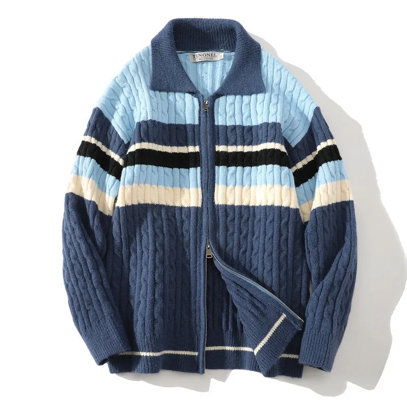 

Spring Autumn New Fashion Men's Color-coded Striped Turn-down Collar Long Sleeve Zipper Knitted Cardigans Male Coats Clothes