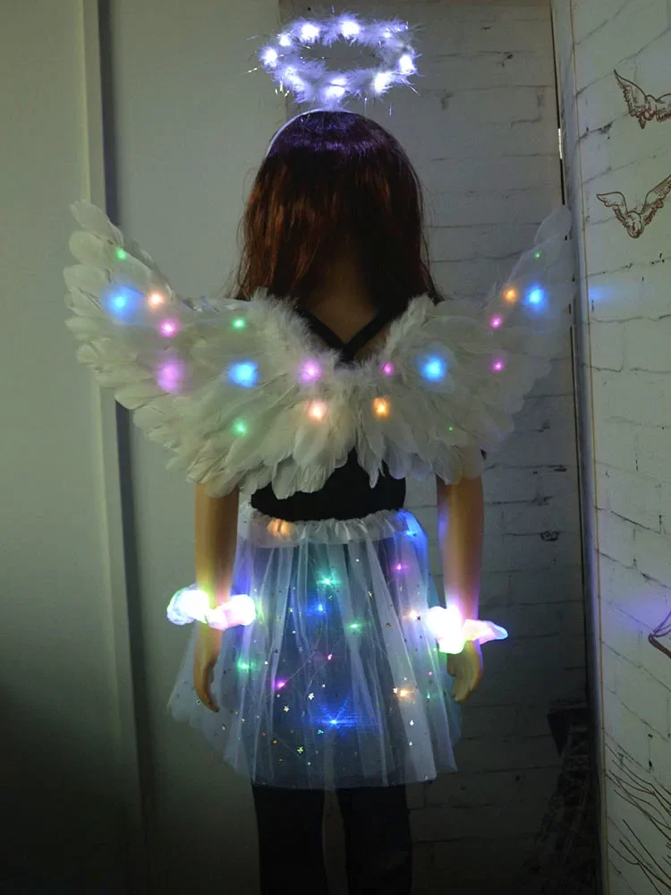 Women Girls  LED Feather Wings Adult Glow Angel Luminous Tutu Skirt Hair Bands  Party Costume  New Year Wedding Festival