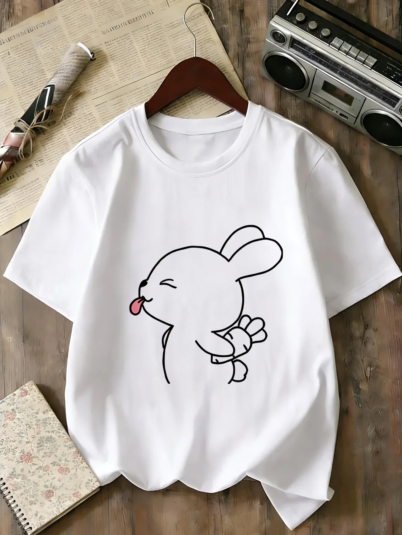 Women Summer Tee Simple Tongue Out Rabbit Line Art Print Short Sleeve Crew Neck Top Soft Casual Daily Outdoor Clothing