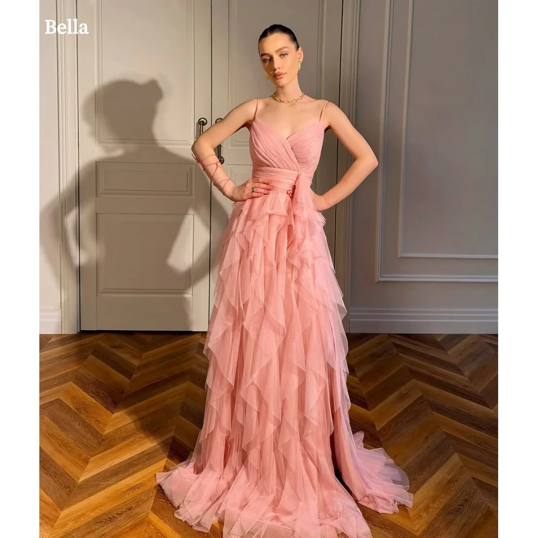 

Bella Customized Pink Multi-Layered Spaghetti Strap robes de soirée Strapless Backless Party Dresses Mesh Fabric Prom Dress 2025