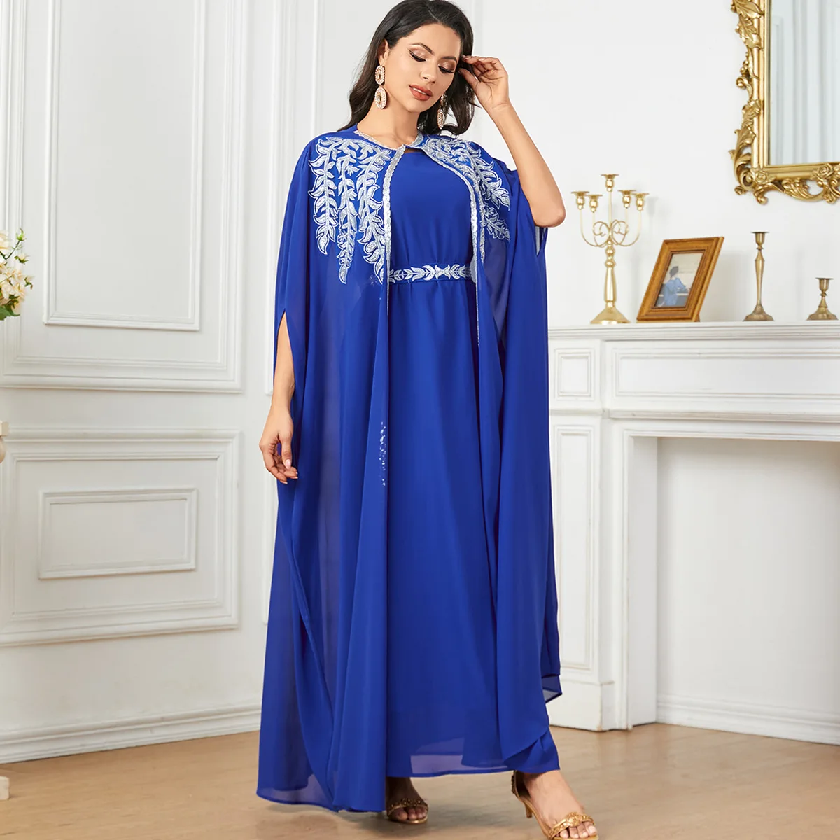 Elegant Cloak Party Gown for Women Moroccan Saudi Kimono Belted Dress Turkey Abayas Set Arab Kaftan Dubai Kaftan Muslim Jalabiya