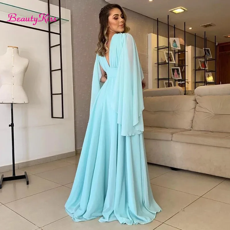 Vestidos de gasa azul cielo claro para madre de la novia, vestido de noche abierto con escote en V profundo y espalda descubierta, vestidos formales de fiesta de boda