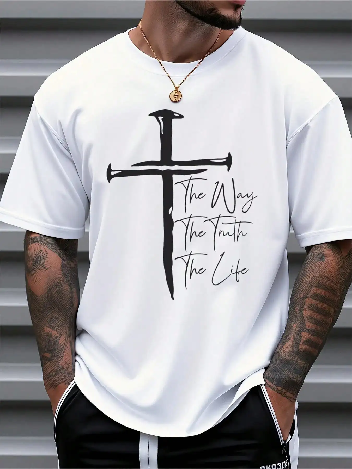 Unisex Christian Faith Cotton T-Shirt, The Way The Truth The Life Letter Cross Print Crew Neck Short Sleeve Casual Summer Graphic Tee