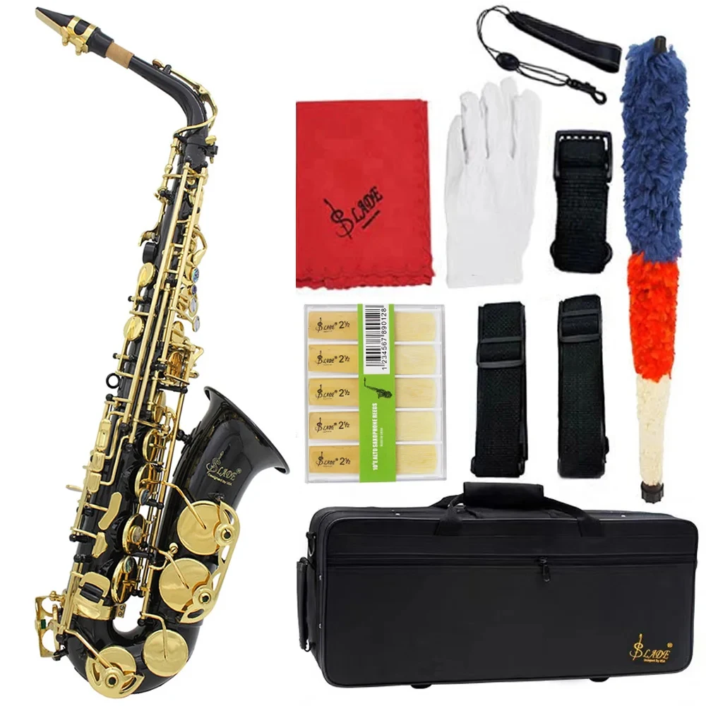 Alto Saxophone Eb E Flat Brass Lacquered Gold Black Sax With Case Gloves Cleaning Cloth Woodwind Musical Instrument Accessories