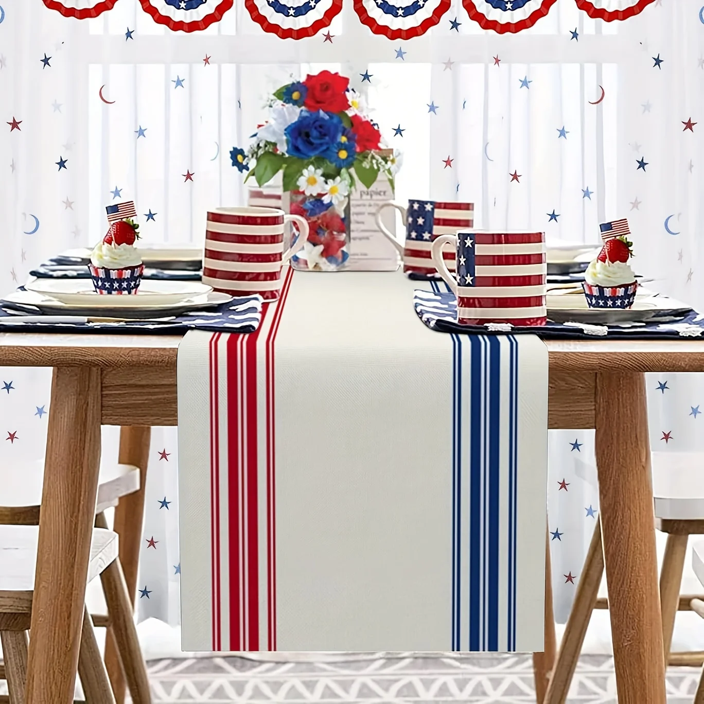 Red Blue Stripes Patriotic Table Runner - 4th of July Burlap Coffee Dinner Parade Decor