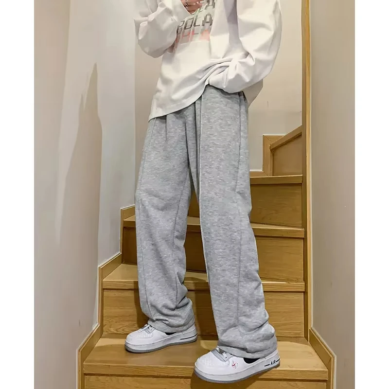 

2025 Spring New Men's Baggy Sweatpants Korean Fashion Streetwear Light Grey Straight Wide Leg Pants Casual Trousers Male