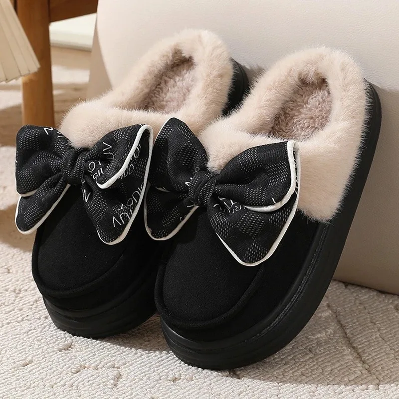 

Women's Warm Home Slippers Cute Autumn Winter Bow Thick Plush Non-Slip Leisure Shoes Soft Bedroom Platform Flat Slides