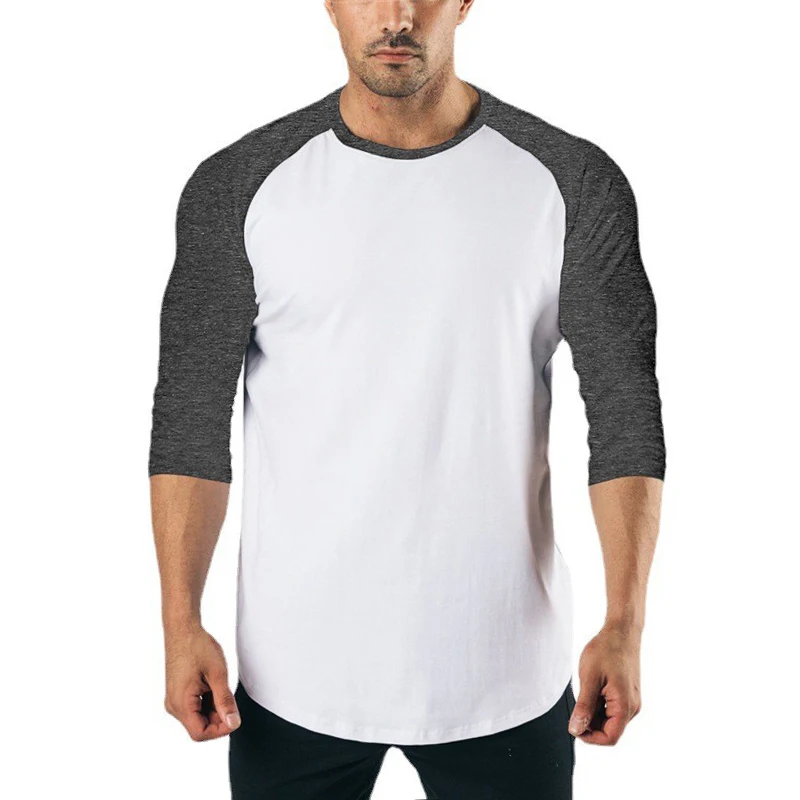 Running Sports Three Quarter Sleeve Shirt Mens Fitness Training Cotton Breathable Clothing Gym Bodybuilding Solid Color T-shirt