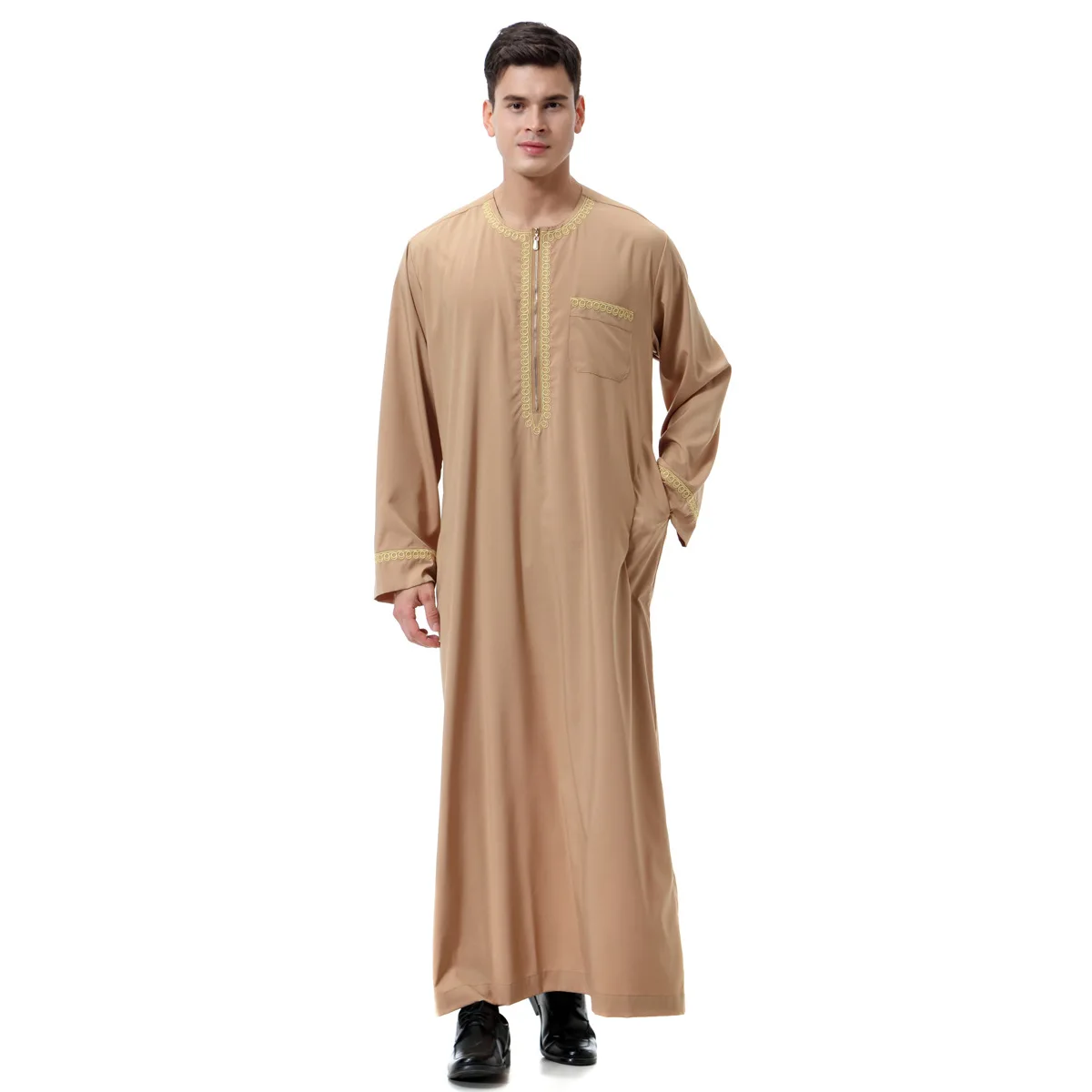 Middle Eastern Men's Printed Thobe, Crew Neck Robe, Muslim Arab Thobe, Thawb Caftan