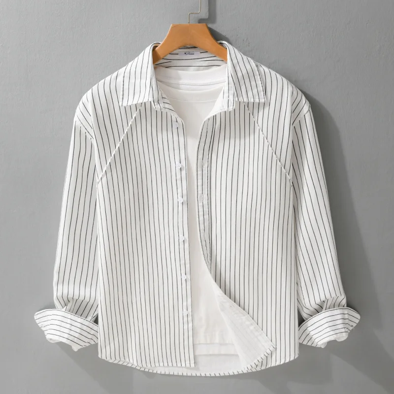 

Новые мужские рубашки с длинным рукавом в полоску, в японском стиле, повседневные, из чистого хлопка, на пуговицах, молодежный топ, весенняя комфортная мужская одежда