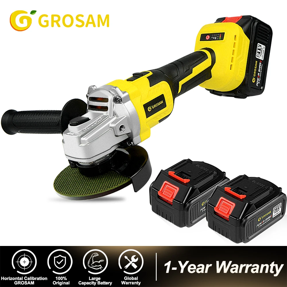 GROSAM 100mm Brushless Angle Grinder 21V 3 Gears Variable with 2PCS Lithium Battery Cordless Electric Impact Grinding Tool